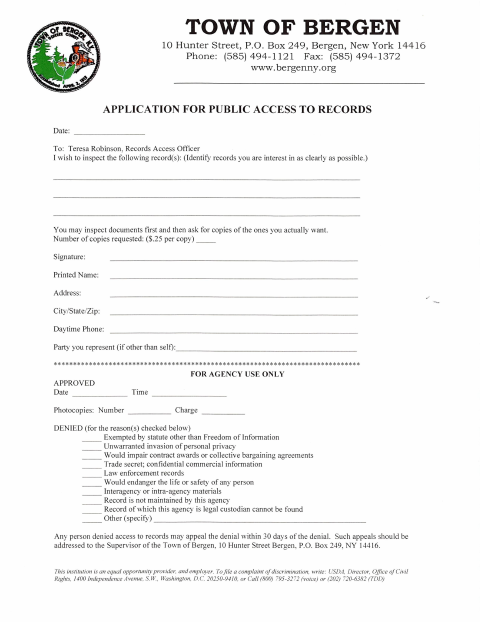 First page of the Application for Public Access to Records