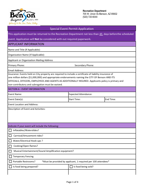 First page of the Special Event Permit Application