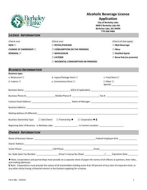 First page of the Alcoholic Beverage License Application