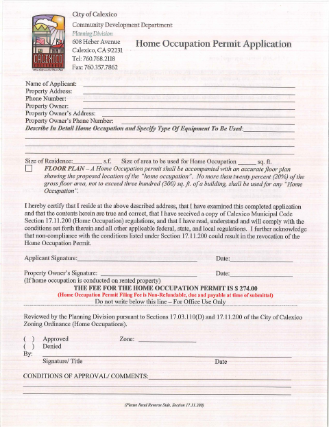 First page of the Home Occupancy Application