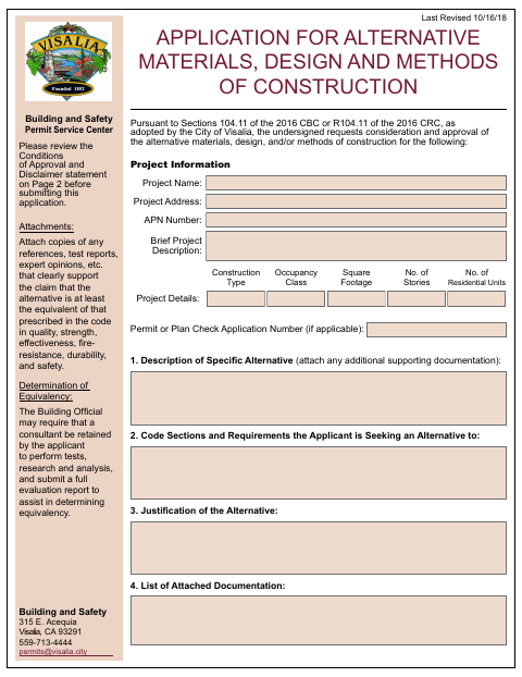 First page of the Alternate Methods & Materials Application