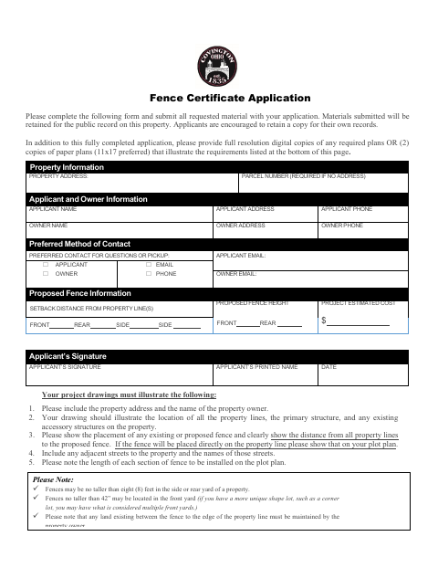 First page of the Fence Certificate Application