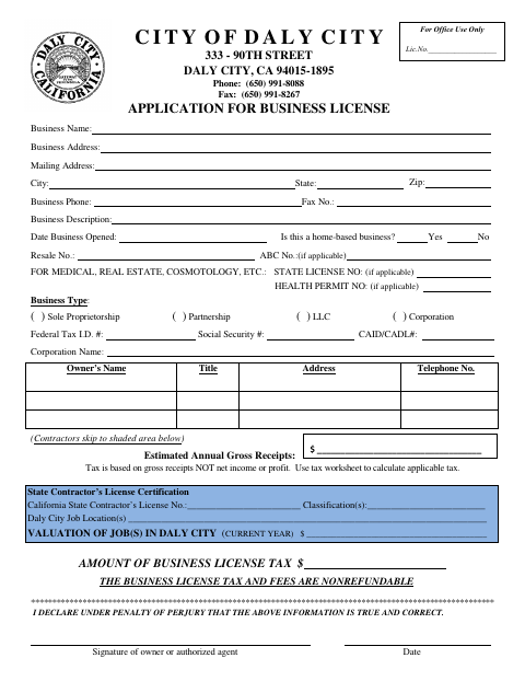 First page of the Application for Business License