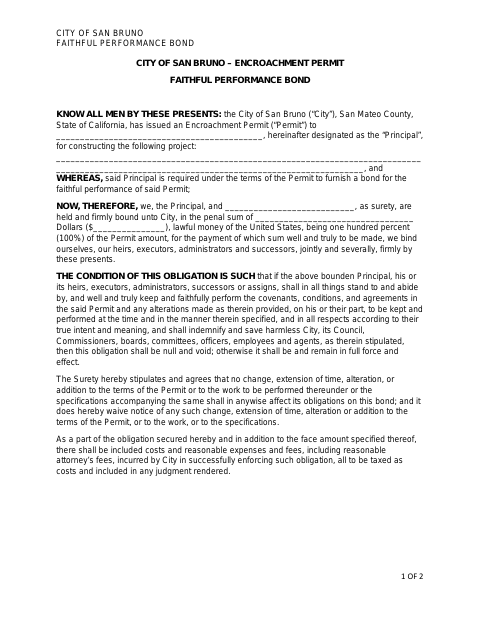 First page of the Encroachment Permit Faithful Performance Bond