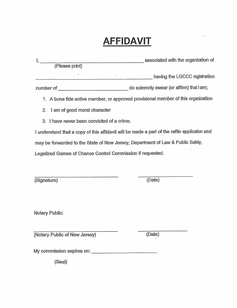 First page of the Raffle Organization Member Affidavit
