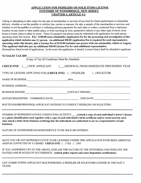First page of the Application for Peddlers or Solicitors License