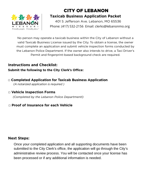 First page of the Taxicab Business Application