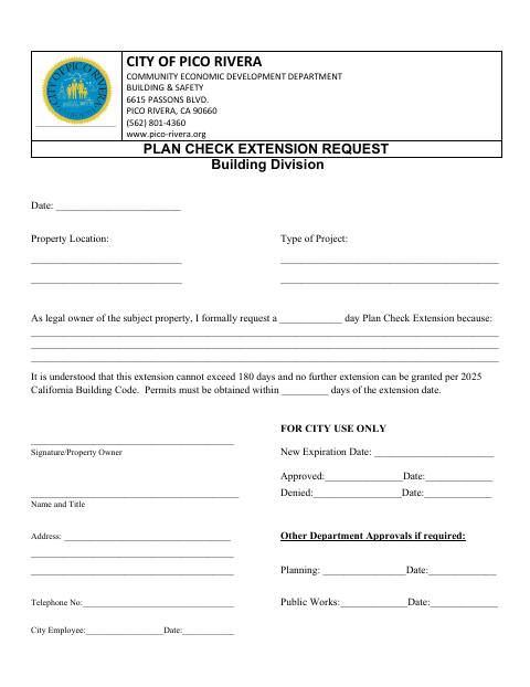 First page of the Plan Check Extension Request