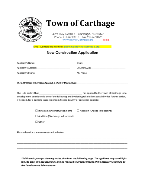 First page of the New Construction Application