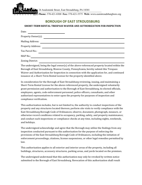 First page of the Short-Term Rental Trespass Waiver and Authorization for Inspection