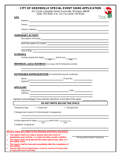 First page of the Special Event Signs Application
