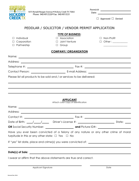 First page of the Peddlar / Solicitor / Vendor Permit Application