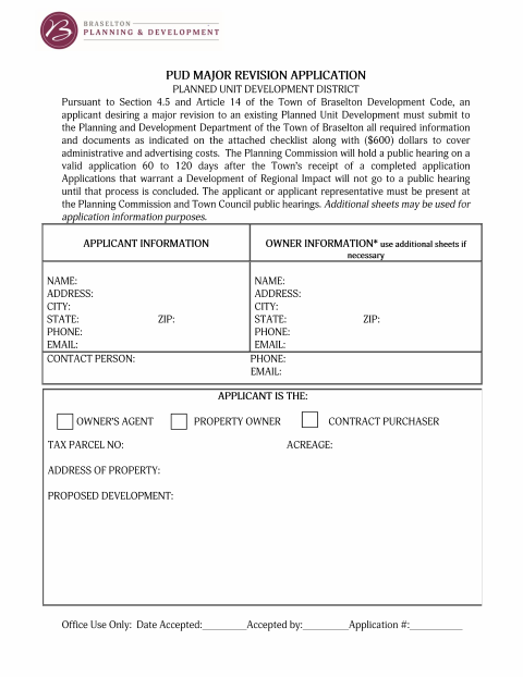 First page of the Planned Unit Development Major Revision Application