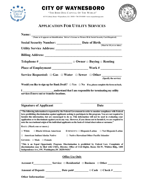 First page of the Application for Utility Services