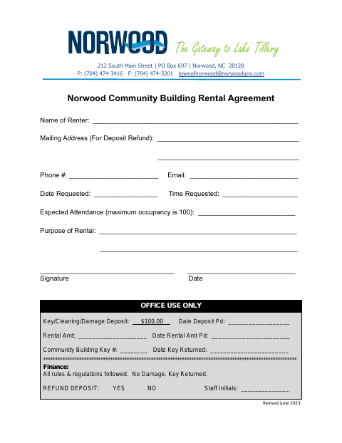 First page of the Community Building Rental Agreement