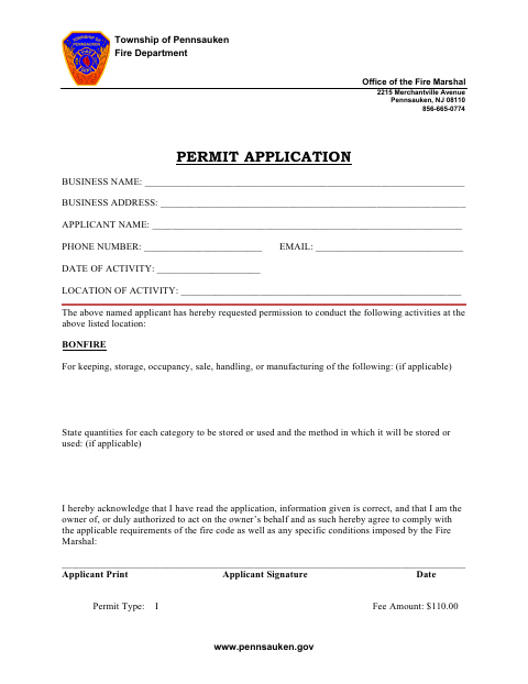 First page of the Bonfire Permit Application