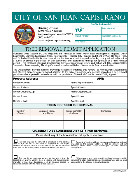 First page of the Tree Removal Permit Application
