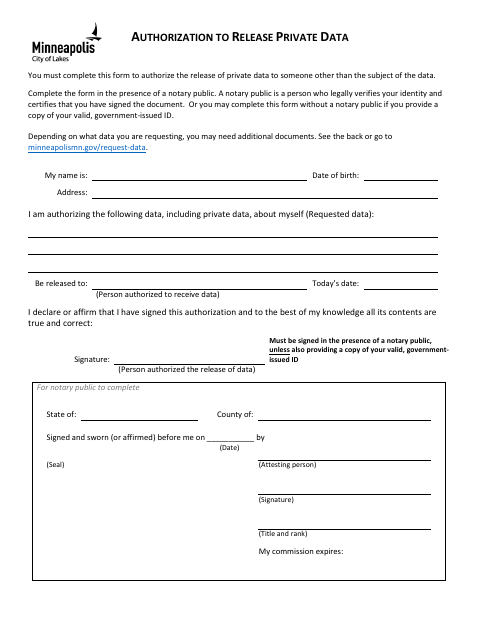 First page of the Authorization to Release Private Data