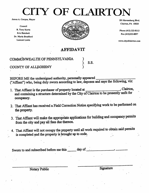 First page of the Unfit Property Purchaser Affidavit