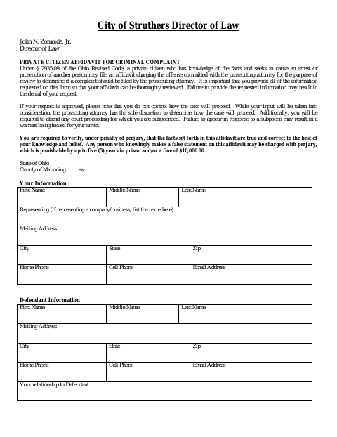 First page of the Private Citizen Affidavit for Criminal Complaint