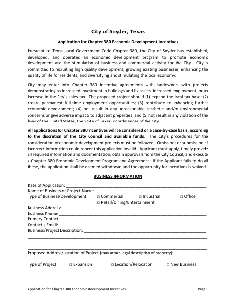 First page of the Chapter 380 Economic Development Incentives Application