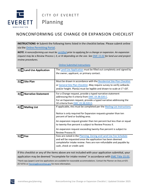 First page of the Nonconforming Use Change or Expansion Checklist