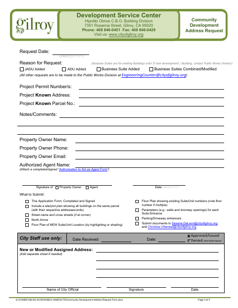 First page of the Community Development Address Request