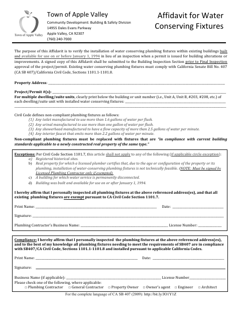 First page of the Affidavit for Water-Conserving Fixtures