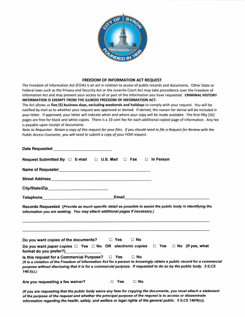 First page of the Freedom of Information Act Request