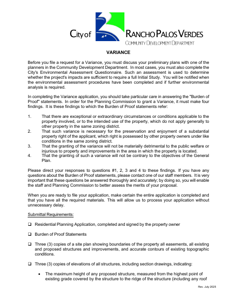 First page of the Variance Permit