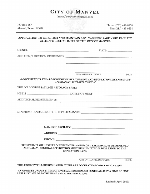 First page of the Salvage Storage Yard Application