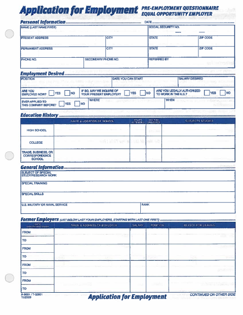 First page of the Equal Opportunity Employer Application