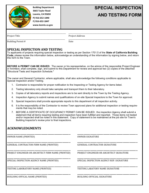 First page of the Special Inspection and Testing