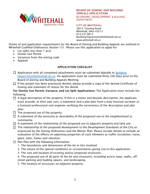 First page of the Board of Zoning and Building Appeals Application