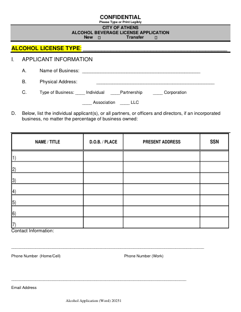 First page of the Alcoholic Beverage License Application