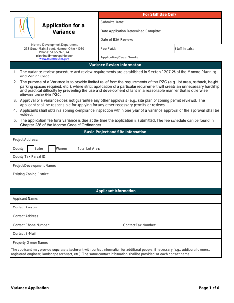 First page of the Variance Application