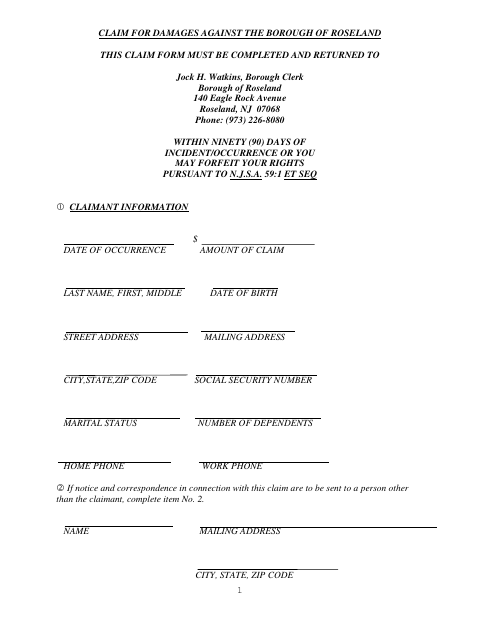 First page of the Claim For Damages Against The Borough Of Roseland
