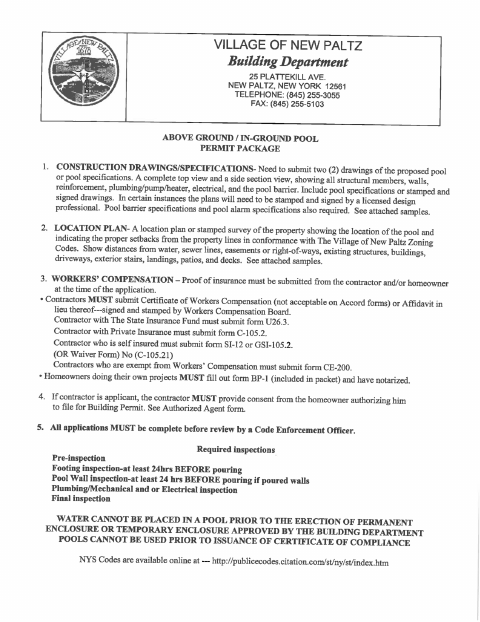 First page of the Above-Ground and In-Ground Pool Permit Package
