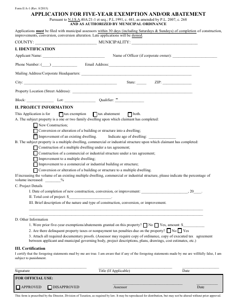 First page of the Application for Five-Year Exemption and/or Abatement