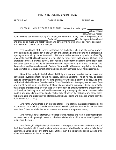 First page of the Utility Installation Permit Bond