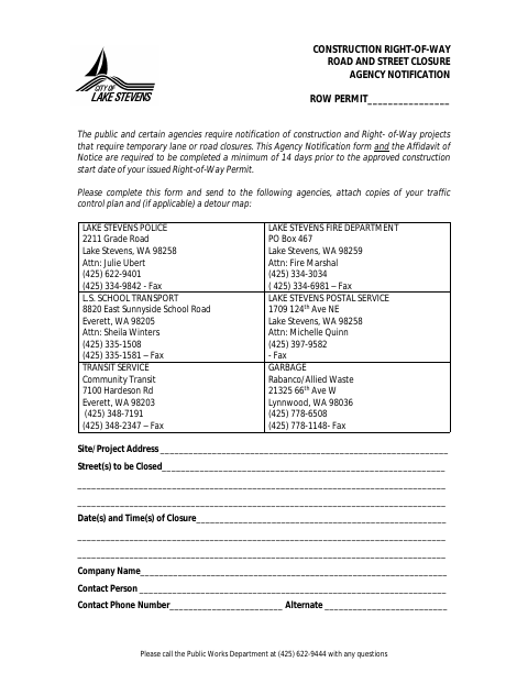 First page of the Construction Right-of-Way Road and Street Closure Agency Notification