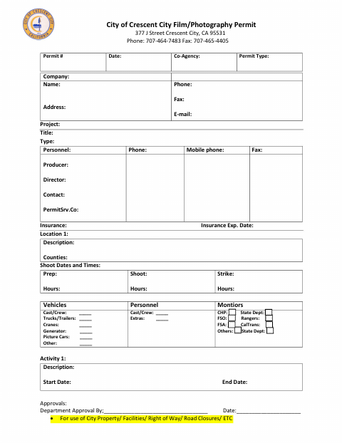 First page of the Photography / Motion Picture Permit Application