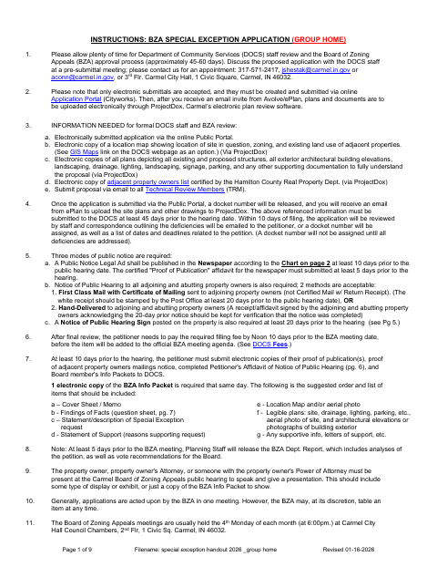 First page of the Group Home Special Exception Application