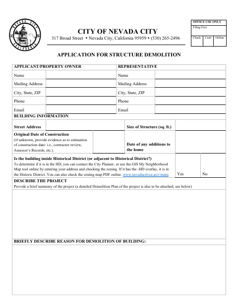 First page of the Application for Structure Demolition