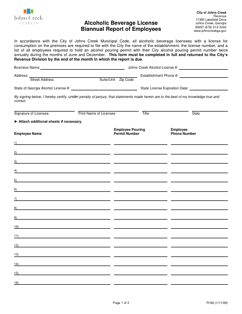 First page of the Alcoholic Beverage License Biannual Report of Employees
