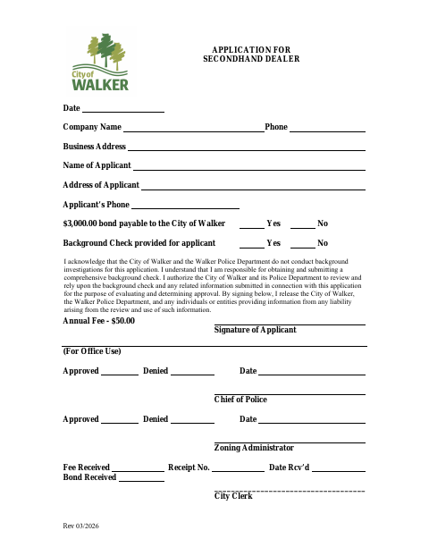 First page of the Application for Secondhand Dealer