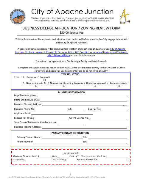 First page of the Business License Application / Zoning Review Form