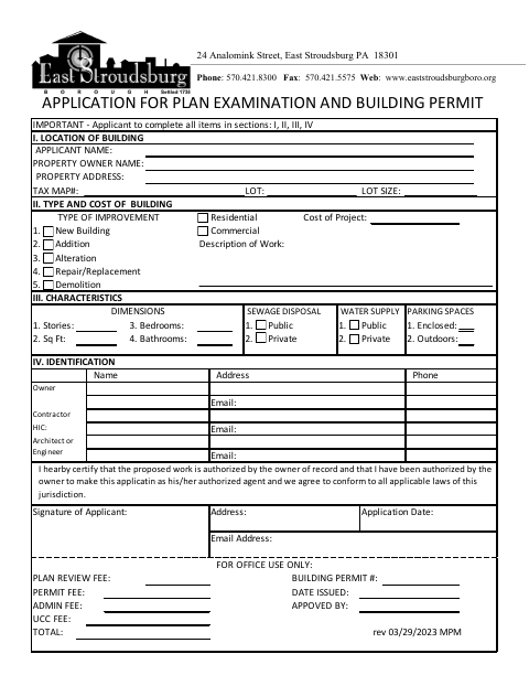 First page of the Application for Plan Examination and Building Permit