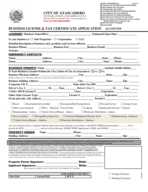 First page of the Business License & Tax Certificate Application