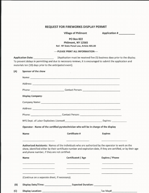 First page of the Fireworks Display Permit Application